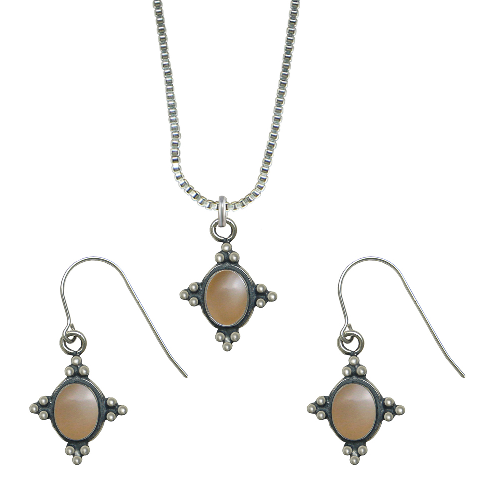 Sterling Silver Petite Necklace Earrings Set Peach Moonstone